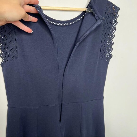 Talbots Womens Size Small Fit and Flare Cotton Dress Navy Blue Crochet Trim FLAW - Picture 5 of 8
